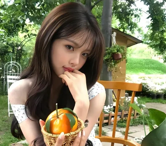 杨超越橘子合照卷发显俏皮
